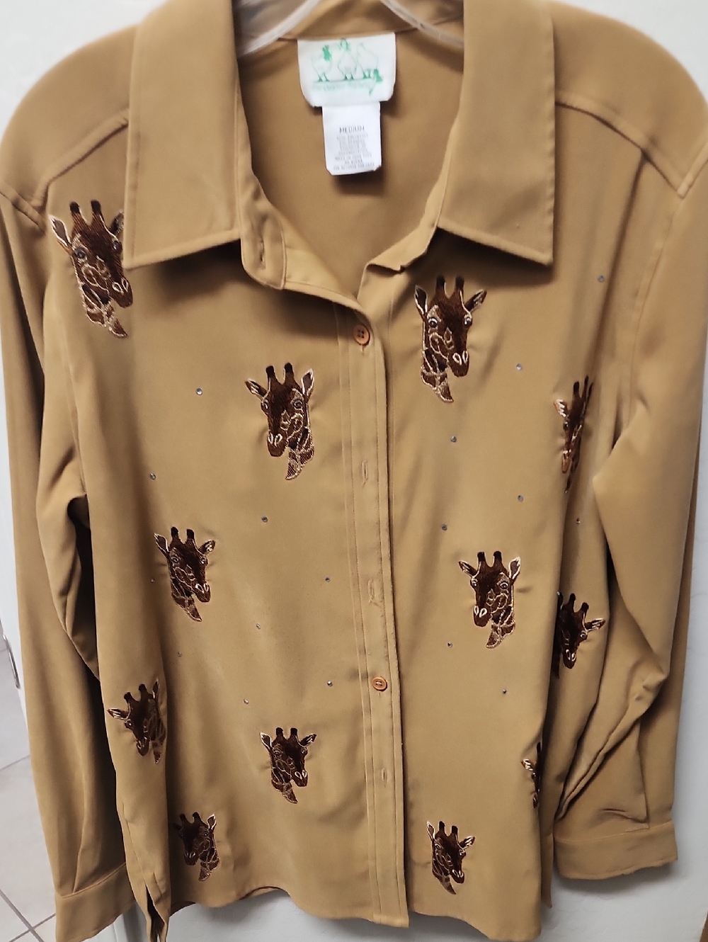 Embroidered Giraffe Button-Up Blouse - Tan